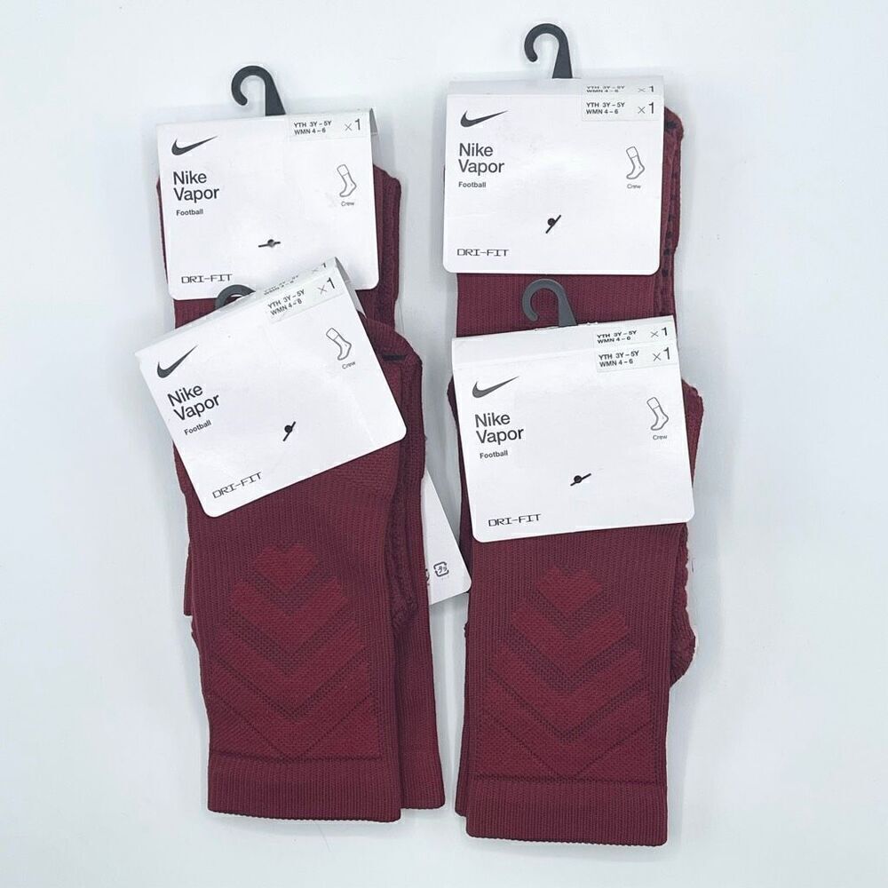 Nike Vapor lot of Four Pair Dark Red Football Crew Socks - Size 3Y-5Y / Women 4-